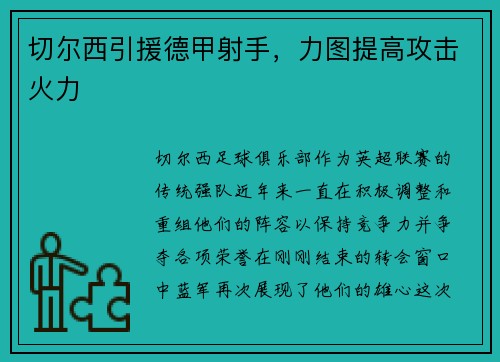 切尔西引援德甲射手，力图提高攻击火力