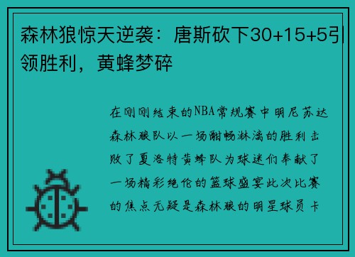 森林狼惊天逆袭：唐斯砍下30+15+5引领胜利，黄蜂梦碎