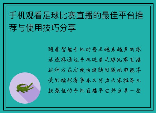 手机观看足球比赛直播的最佳平台推荐与使用技巧分享
